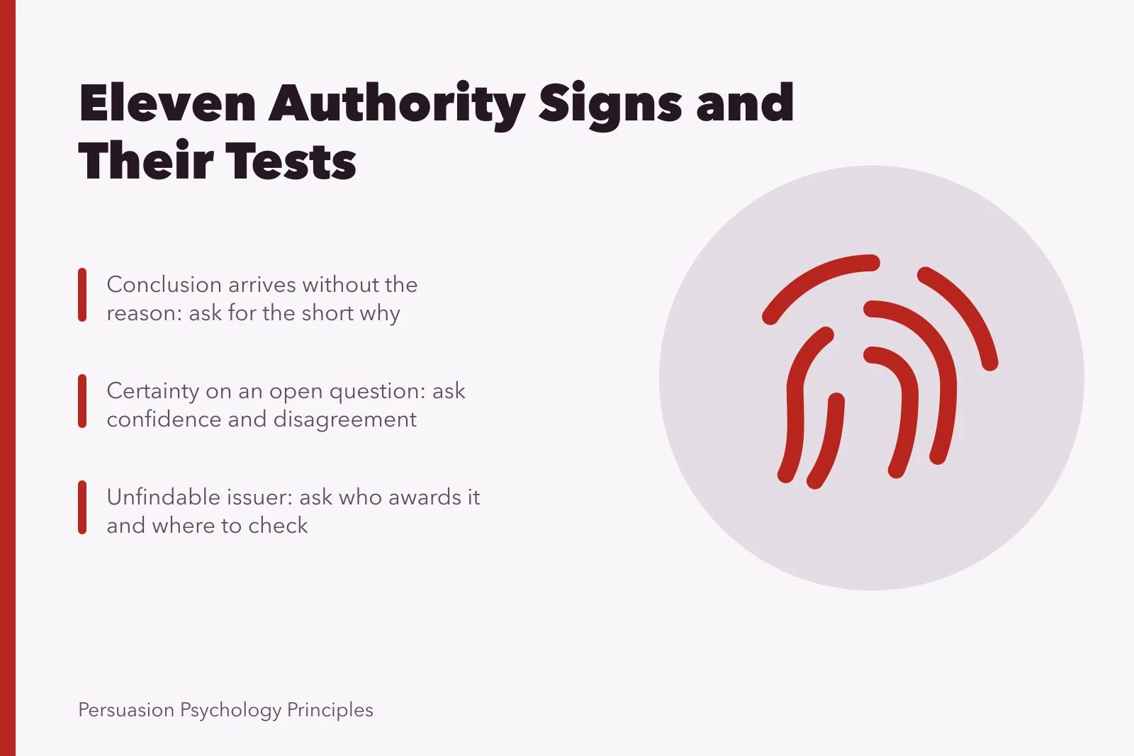 Card listing authority signs and the questions that test each one. Authority signs and the details that decide it
