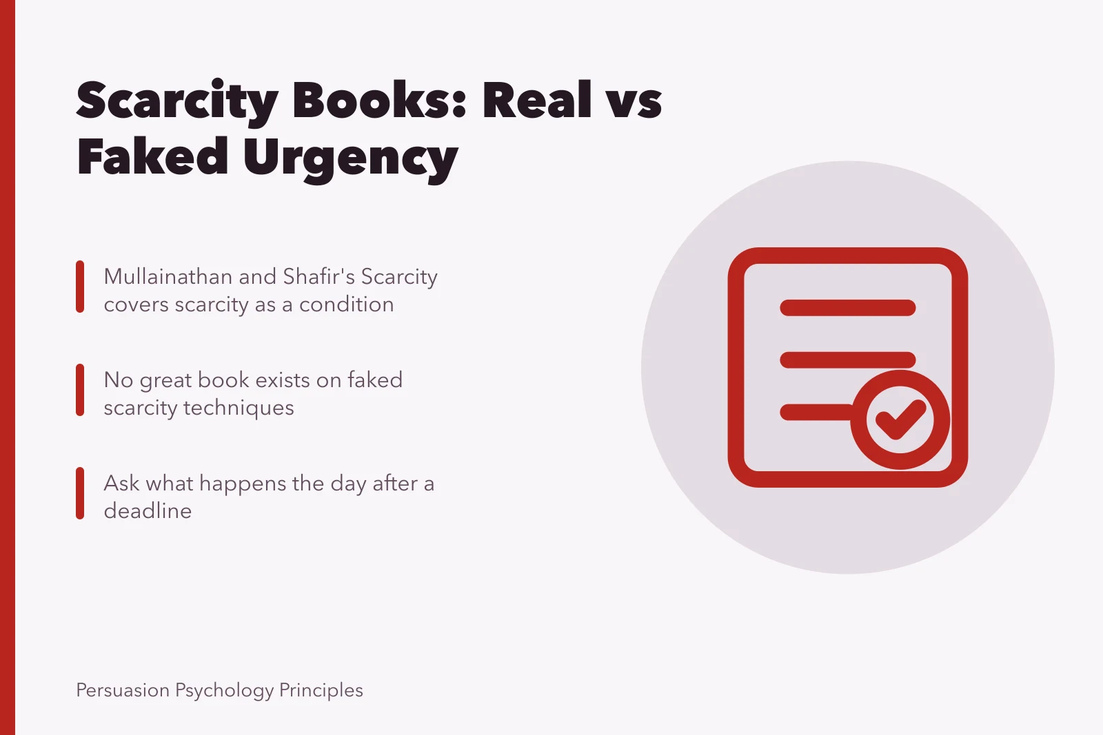 Card comparing real scarcity conditions with manufactured deadline pressure tactics. Which scarcity book survives the two-halves test?