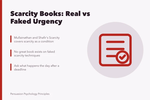 Card comparing real scarcity conditions with manufactured deadline pressure tactics. Which scarcity book survives the two-halves test?