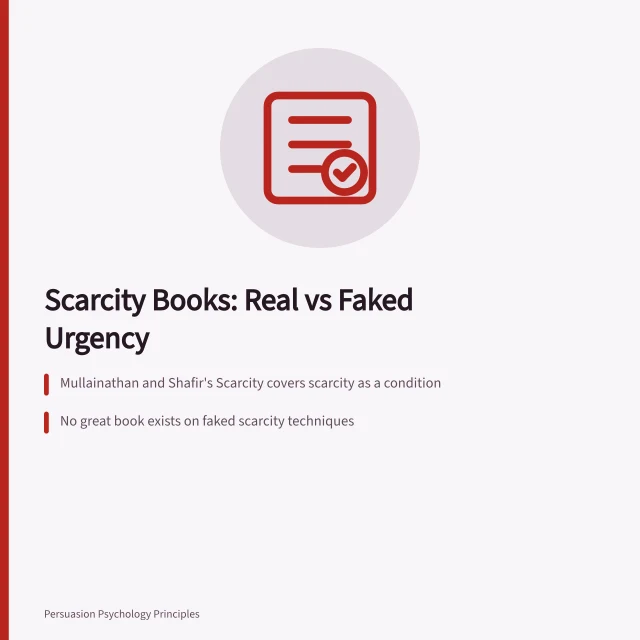 Card comparing real scarcity conditions with manufactured deadline pressure tactics. Which scarcity book survives the two-halves test?
