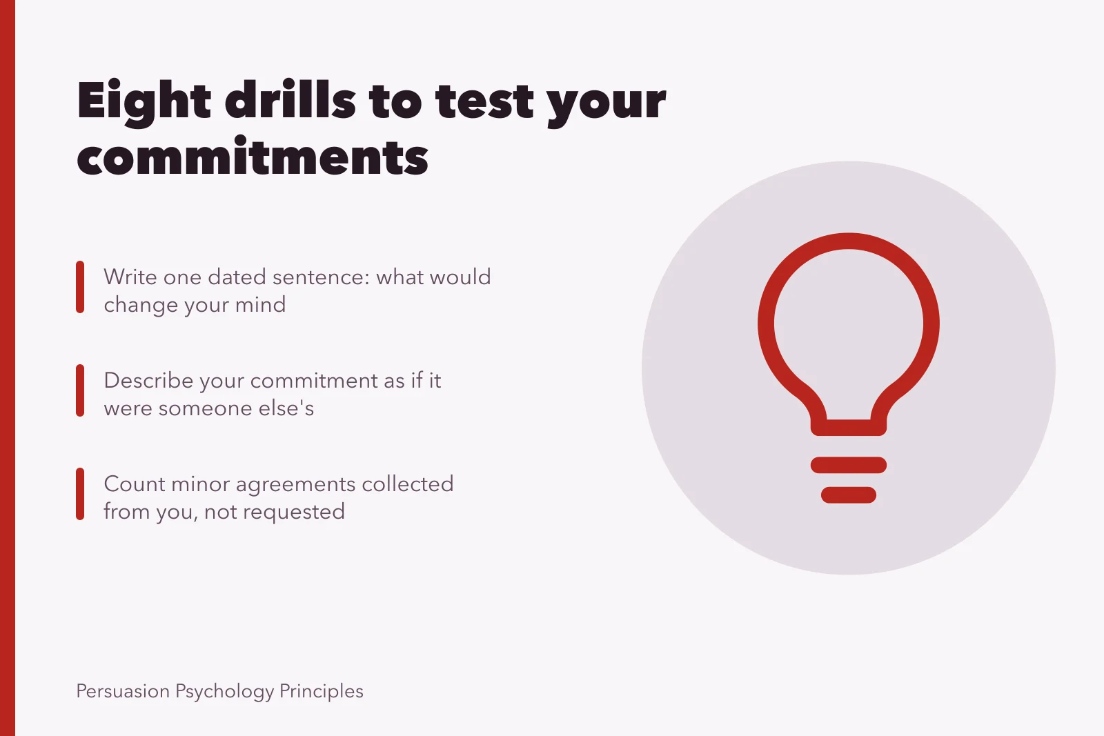 Card listing eight drills for testing commitments with a sceptical eye. Reading commitment and consistency exercises with a sceptical eye