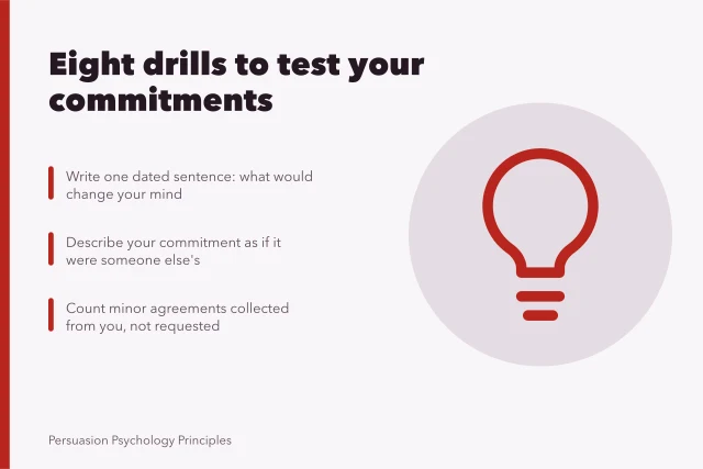 Card listing eight drills for testing commitments with a sceptical eye. Reading commitment and consistency exercises with a sceptical eye