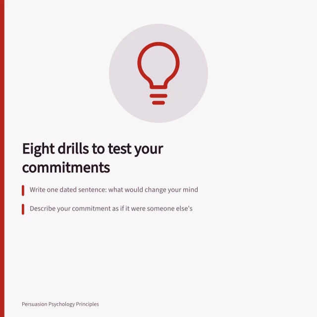 Card listing eight drills for testing commitments with a sceptical eye. Reading commitment and consistency exercises with a sceptical eye