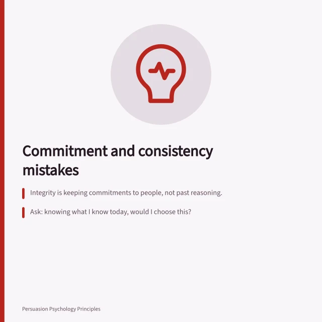 Card on commitment and consistency mistakes, integrity, sunk cost, public positions. Commitment and consistency mistakes: first principles in 2027