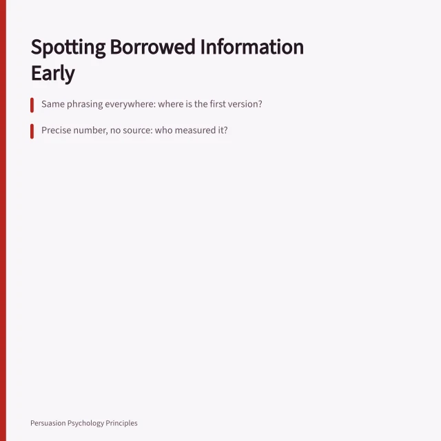 Card listing three tests for spotting borrowed information in claims. Recognising informational influence signs early
