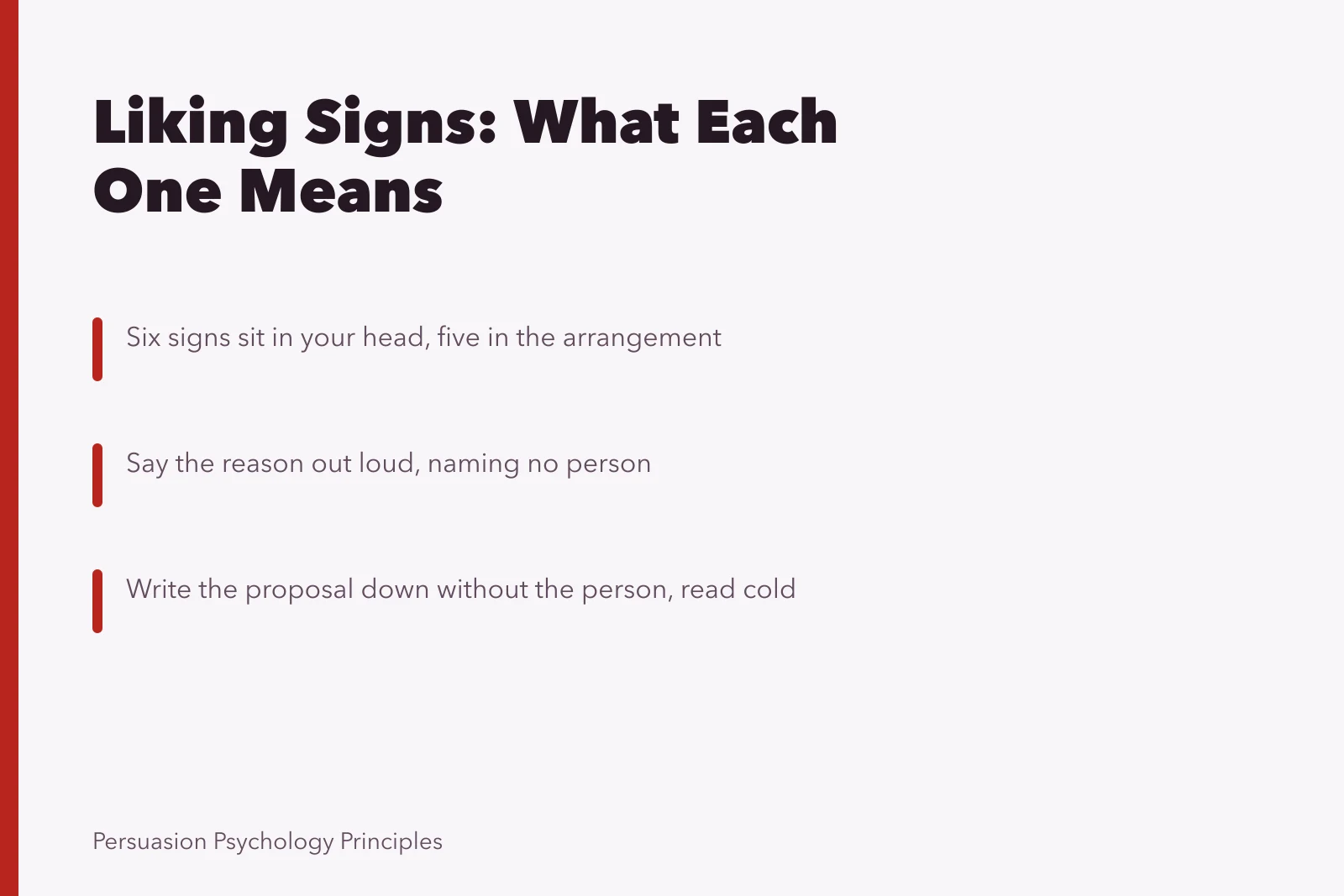 Card listing liking principle signs and how to check each one. Liking principle signs and what each one means