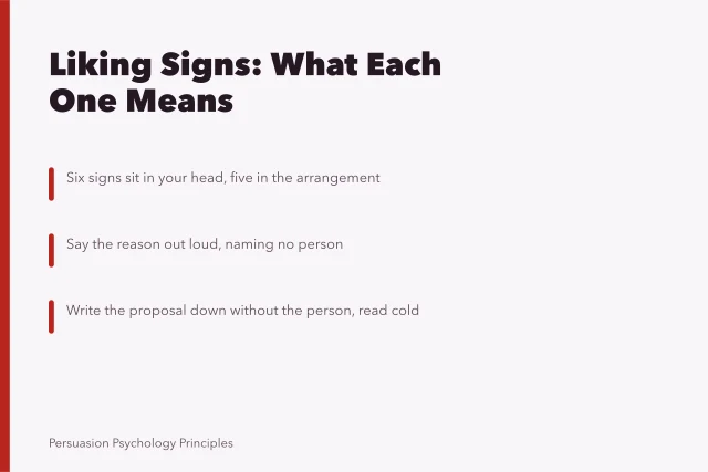 Card listing liking principle signs and how to check each one. Liking principle signs and what each one means