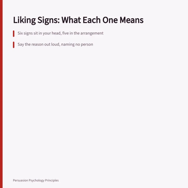 Card listing liking principle signs and how to check each one. Liking principle signs and what each one means