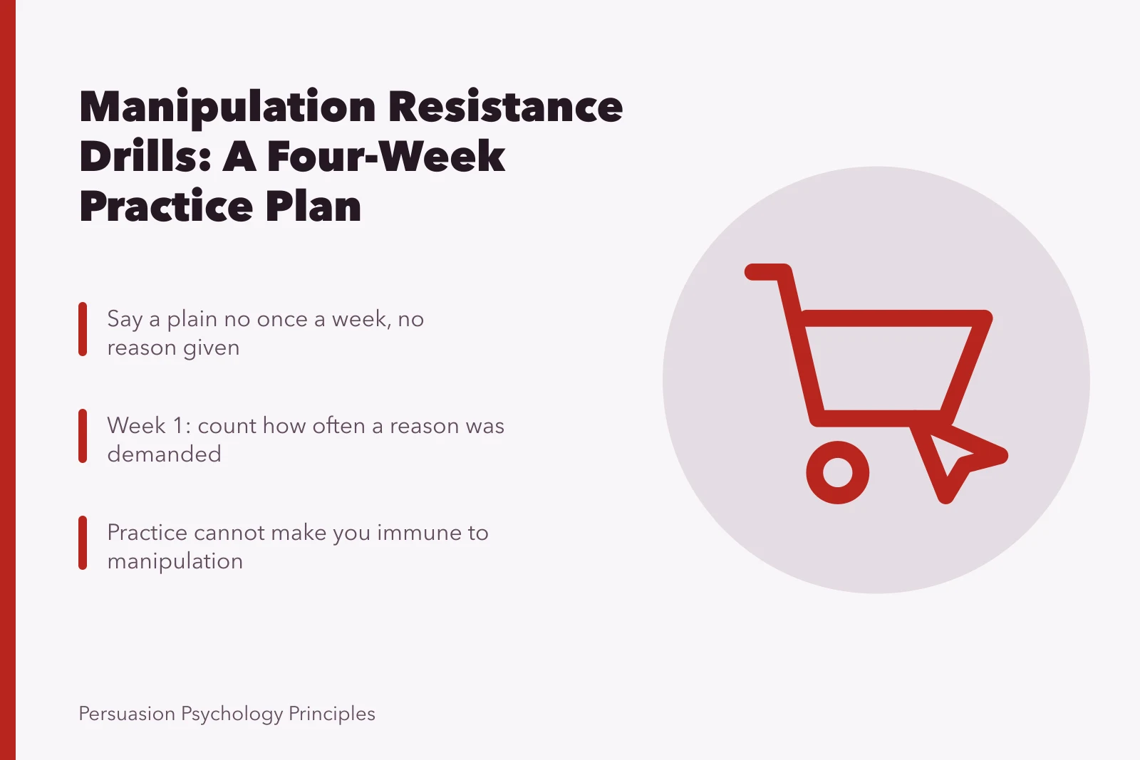 Card outlining manipulation resistance drills and a four-week practice schedule. Before you act on manipulation resistance exercises
