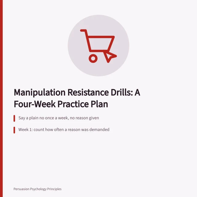 Card outlining manipulation resistance drills and a four-week practice schedule. Before you act on manipulation resistance exercises
