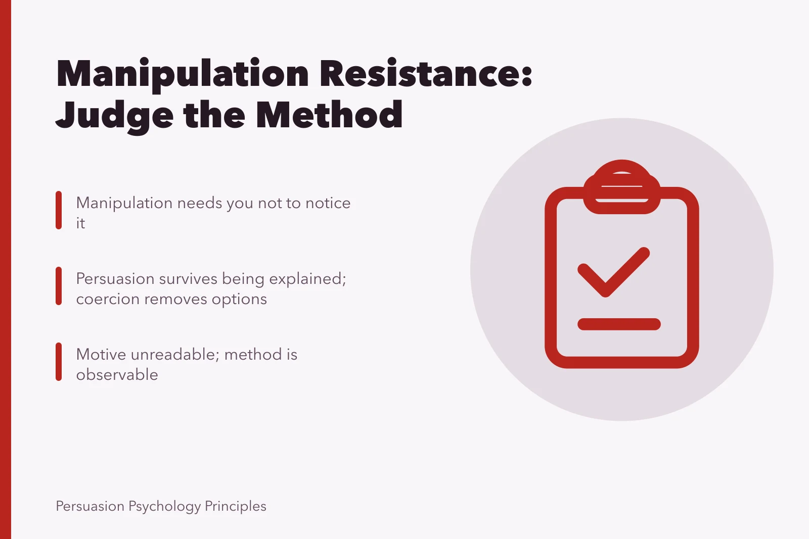 Card explaining manipulation resistance judges method, not motive. Manipulation resistance meaning: why the test looks at method, not motive