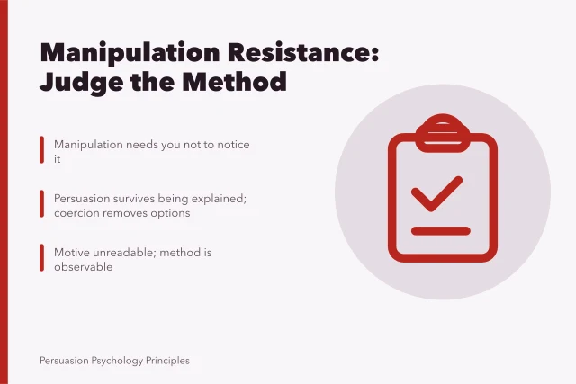 Card explaining manipulation resistance judges method, not motive. Manipulation resistance meaning: why the test looks at method, not motive