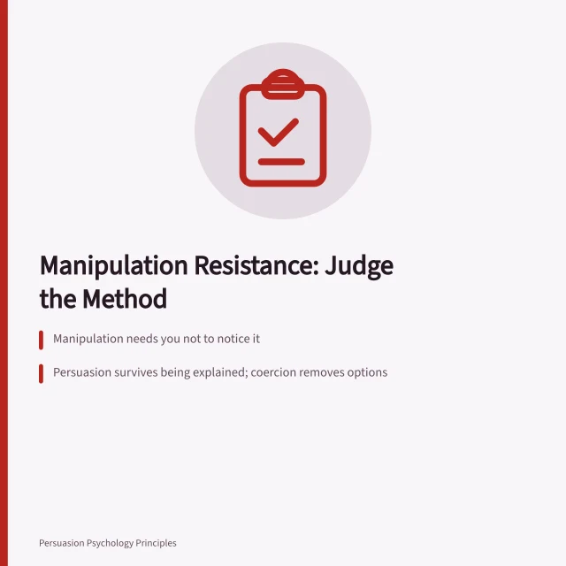 Card explaining manipulation resistance judges method, not motive. Manipulation resistance meaning: why the test looks at method, not motive