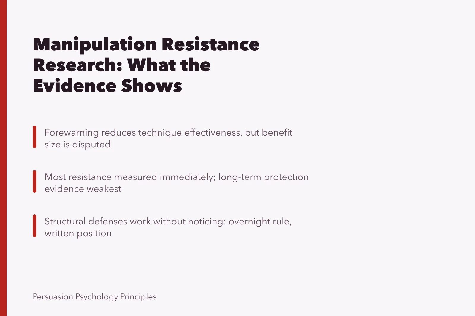 Card summarizing manipulation resistance research evidence, disputes, and practical structural defenses. Notes on manipulation resistance research from the field