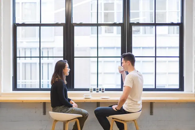 people, man, woman, girl, guy, talking, dating, coffee, tea, inside, window, glasses, table, talking, talking, talking, talking, talking. Reciprocity: telling a gift from a down payment