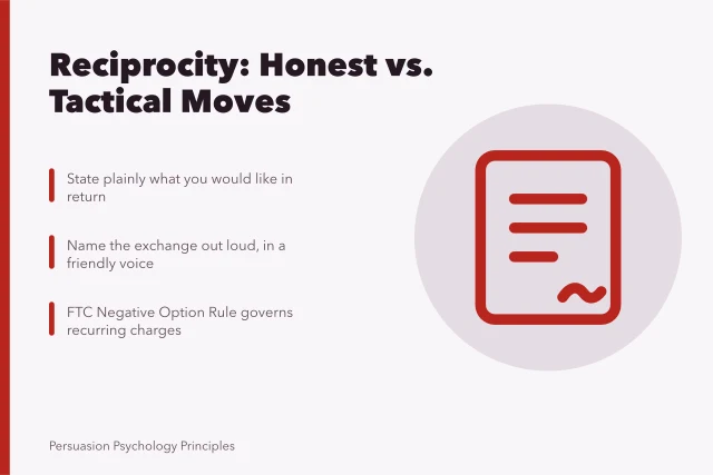 Card on reciprocity techniques, naming exchanges, and honest giving. How to tell which reciprocity technique is being used on you