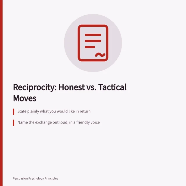 Card on reciprocity techniques, naming exchanges, and honest giving. How to tell which reciprocity technique is being used on you