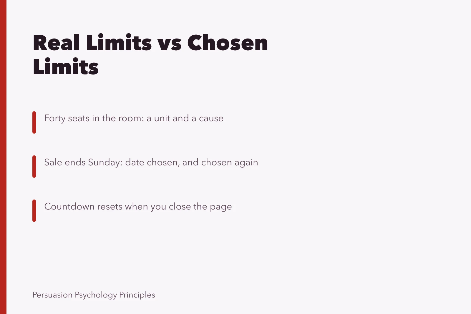 Card comparing real physical limits with limits chosen by sellers. Scarcity examples compared: which limits are real and which are not