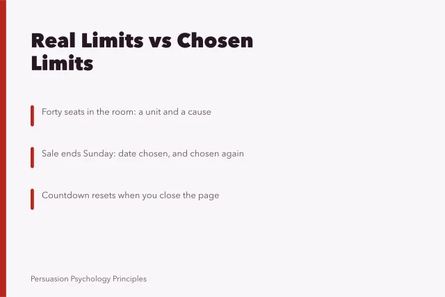 Card comparing real physical limits with limits chosen by sellers. Scarcity examples compared: which limits are real and which are not