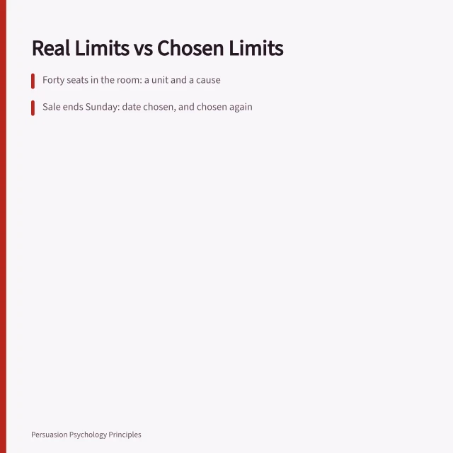 Card comparing real physical limits with limits chosen by sellers. Scarcity examples compared: which limits are real and which are not