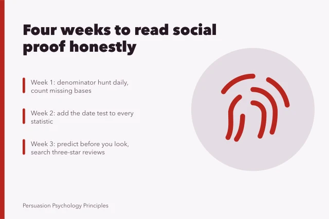 Card outlining a four-week drill for checking social proof numbers. How to build a four-week drill for reading social proof honestly