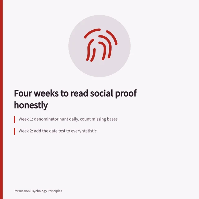 Card outlining a four-week drill for checking social proof numbers. How to build a four-week drill for reading social proof honestly