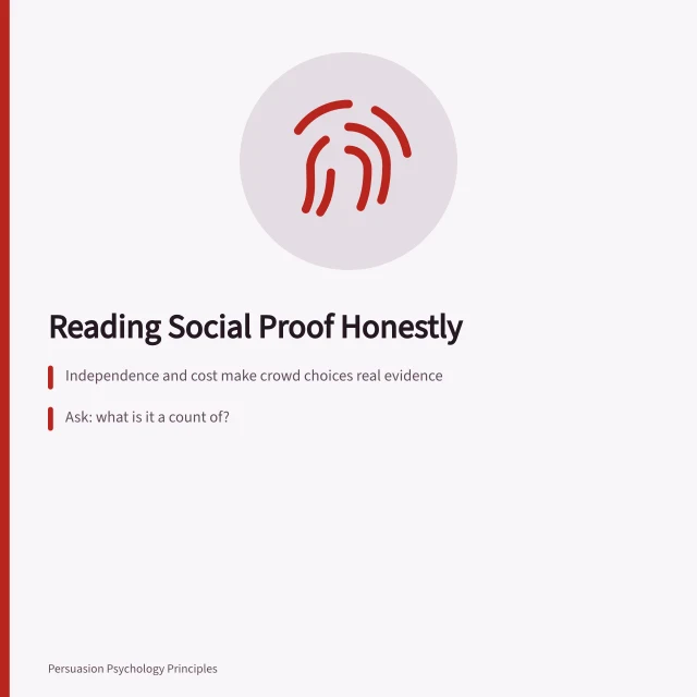 Card explaining how to read social proof numbers honestly. Reading social proof honestly: what a crowd number can and cannot tell you