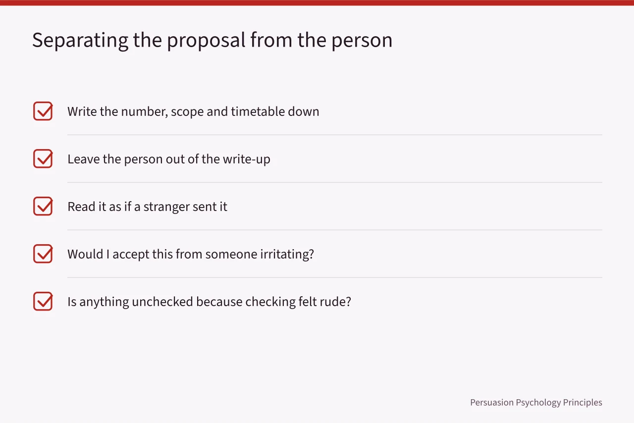 Checklist for reading a proposal without the person in it (Liking principle examples: the separation that keeps warmth from working on you)